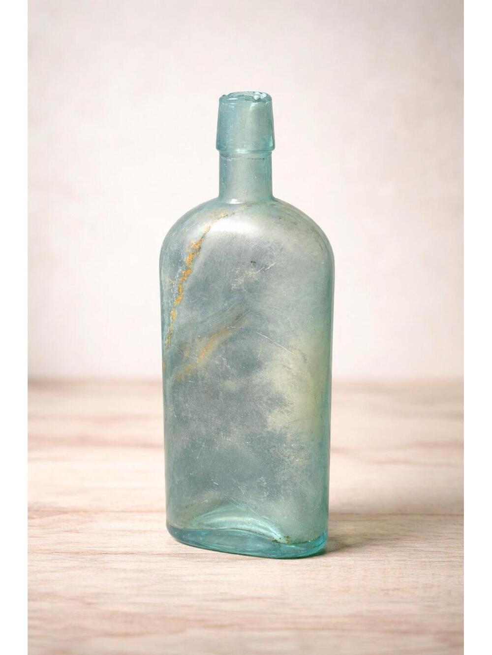 Antique 1880s Aqua Glass Coffin Flask Apothecary / Liquor Bottle, 3.5x2x9”